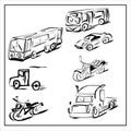 Types of transport in the style of minimalism. Truck, motorcycle, bus, car.